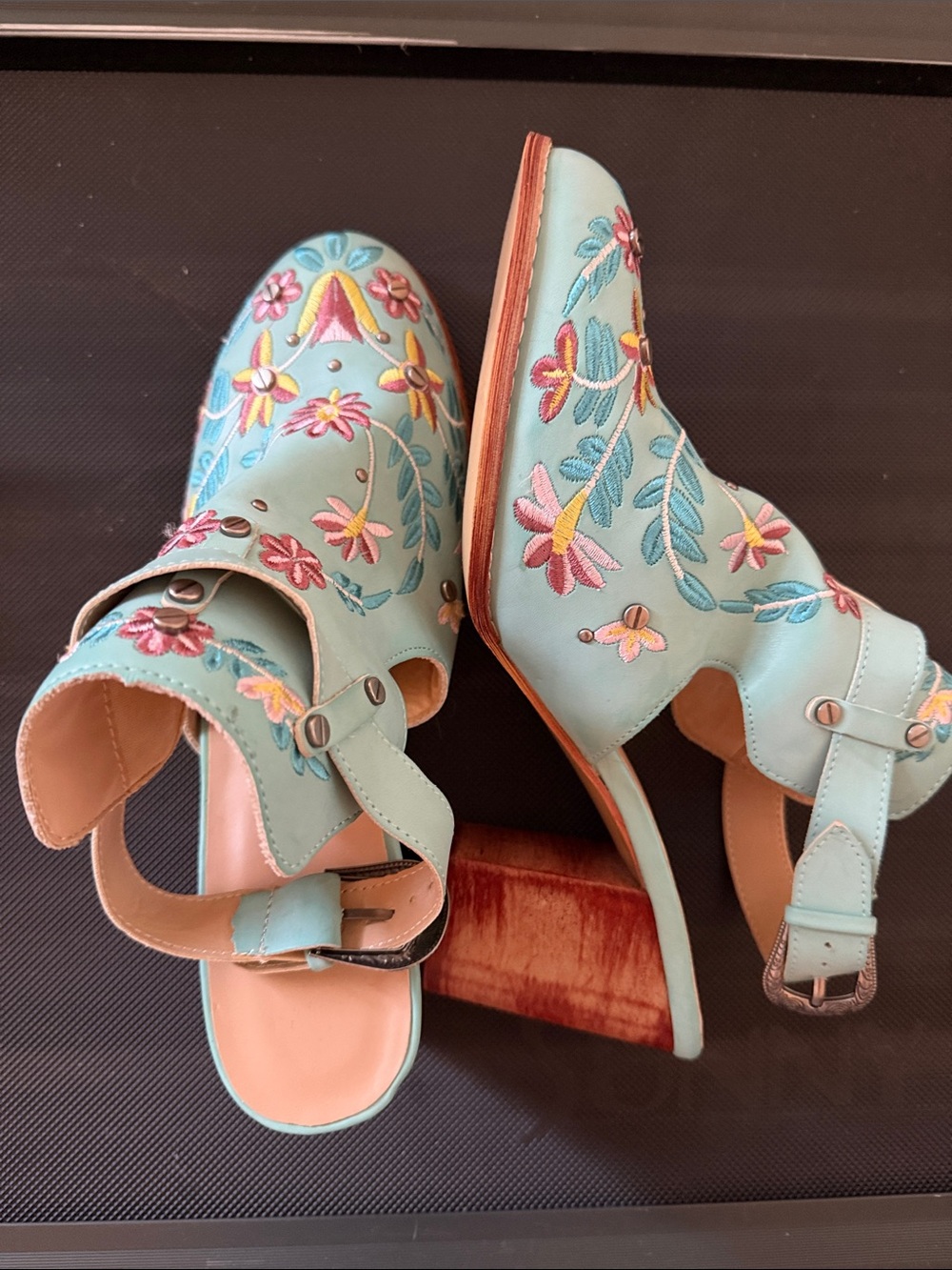 Embroidered Turquoise Floral Block Heel Sandals
